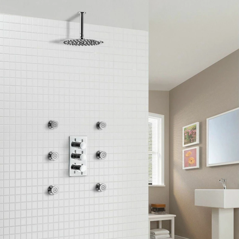 Image of Nes Home Calla Chrome Round 2 Way Slim Thermostatic Concealed Bathroom Shower Body Jets in Silver Silver Unisex