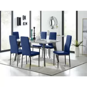 Image of Furniturebox Andria Black Leg Marble Effect Dining Table and 6 Navy Velvet Milan Dining Chairs With Black Legs