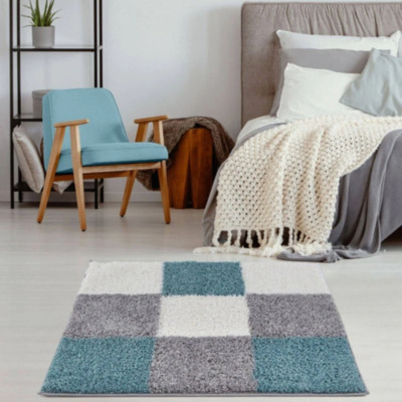 Image of THE RUGS Fluffy & Soft Shaggy Rugs Living Room Rug - Elegant Geometric Design Carpets For Bedrooms & Kitchen 381 Size: 120cm x 120cm Duck Egg Bl