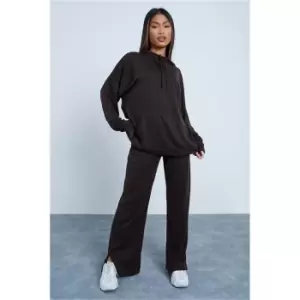 Image of I Saw It First Chocolate Ribbed Oversized Acid Wash Hoodie And Wide Leg Set - Brown