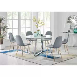 Image of Furniture Box Santorini White Round Dining Table and 6 Grey Corona Gold Leg Chairs