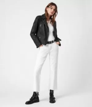 Image of AllSaints Womens Leather Regular Fit Cargo Biker Jacket, Black and Grey, Size: 12