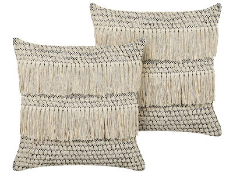 Image of Beliani Set Of 2 Decorative Cushions Iresine Cotton 45 X 45cm Beige Geometric Pattern