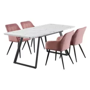 Image of 5 Pieces Life Interiors Camden Toga Dining Set - an Extendable White Rectangular Wooden Dining Table and Set of 4 Pink Dining Chairs - Pink