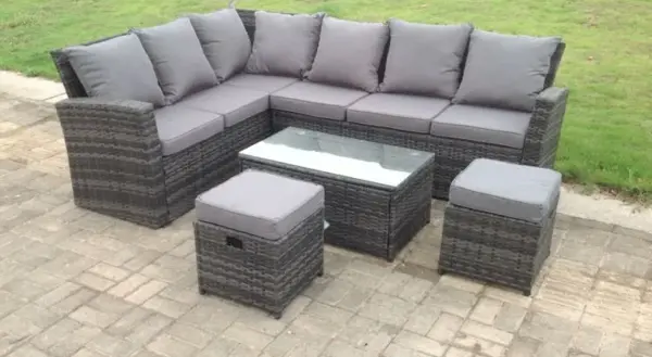 Image of Fimous 6 Seater Outdoor Dark Grey Rattan Lounge Complete Sofa Set with Oblong Coffee Table and 2 Footstools