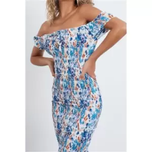 Image of I Saw It First Blue Abstract Floral Print Shirred Body Frill Midi Dress - Blue