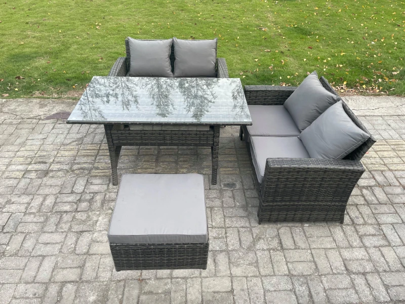 Image of Fimous Dark Grey PE Wicker Rattan Garden Furniture Set Love Sofa Outdoor Rectangular Dining Table Big Footstool Dark Grey Unisex