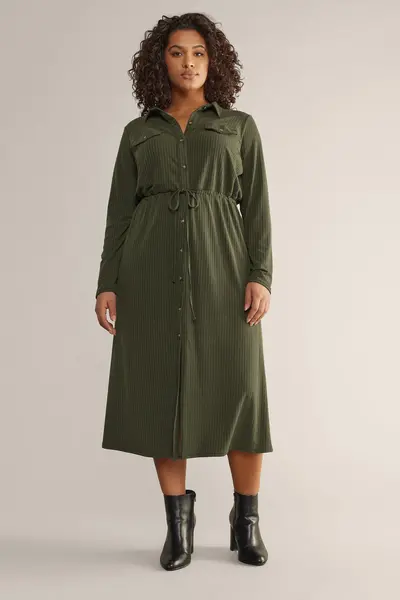 Image of Evans Ribbed Utility Shirt Dress Green
