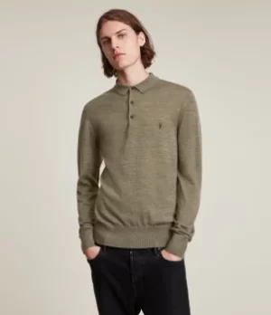 Image of AllSaints Mens Mode Merino Long Sleeve Polo Shirt, Green, Size: L