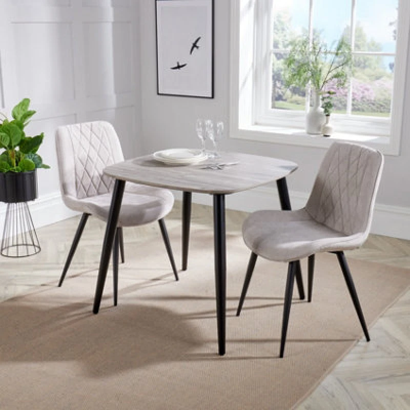 Image of Core Products Aspen Grey Oak Effect 80Cm Square Dining Table With 2 Natural Fabric Diamond Stitch Design Chairs