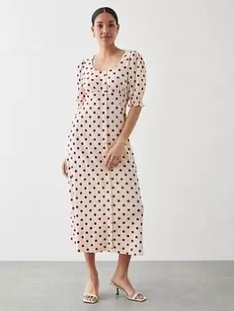 Image of Dorothy Perkins Spot Print Shirred Cuff Midi Dress - Red, Size 16, Women