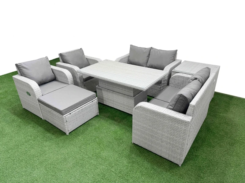 Image of Fimous 7 Seater Outdoor Reclining Chair Love Sofa Set Rattan Garden Furniture Set with Adjustable Lifting Dining or Coffee Table Footstool Side Table