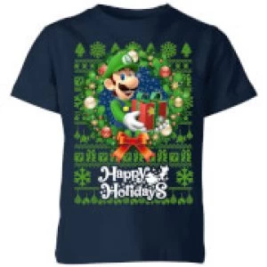 Image of Nintendo Super Mario Happy Holidays Luigi Kid's Christmas T-Shirt - Navy - 5-6 Years - Navy