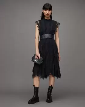 Image of AllSaints Freya Lace Asymmetric Hem Midi Dress