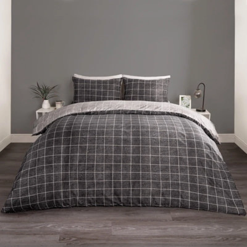 Image of OHS OHS Check Duvet Cover Bedding Set Quilt Pillowcase in Black Size: Double Black Double Unisex 5027434183111