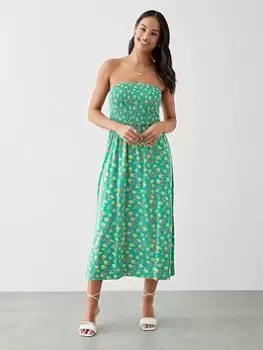 Image of Dorothy Perkins Ditsy Shirred Bodice Bandeau Midi Dress - Green, Size 16, Women