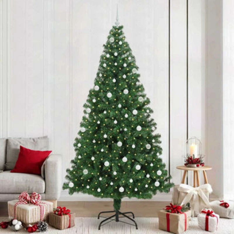 Image of vidaXL Artificial Christmas Tree with 300 LEDs, White Balls with Stand Green 240 cm, Green 3396934