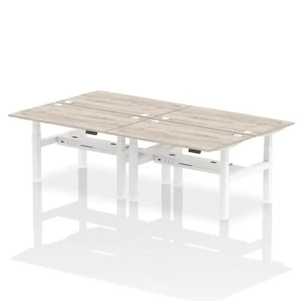 Image of Air Air Back-to-Back 1400 x 800mm Height Adjustable 4 Person Bench Desk Grey Oak Top with Cable Ports White Frame HASCP4P14800GRYW