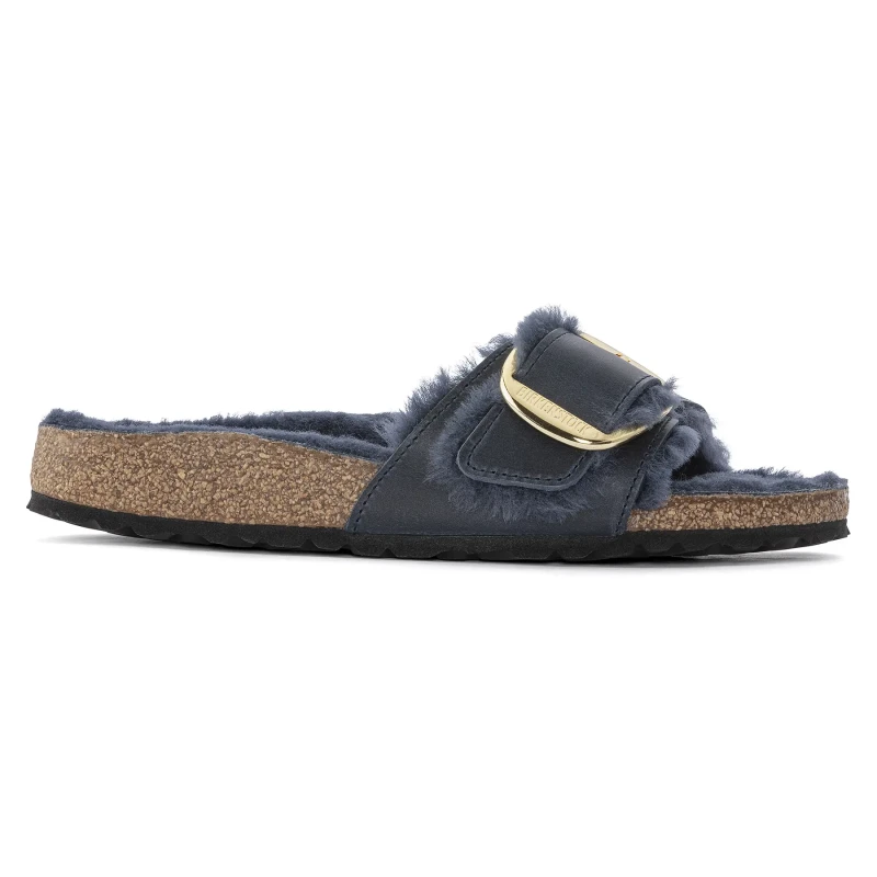 Image of Birkenstock Womens mules Birkenstock Madrid Big Buckle Shearling Oiled Leather Bleu Female 38