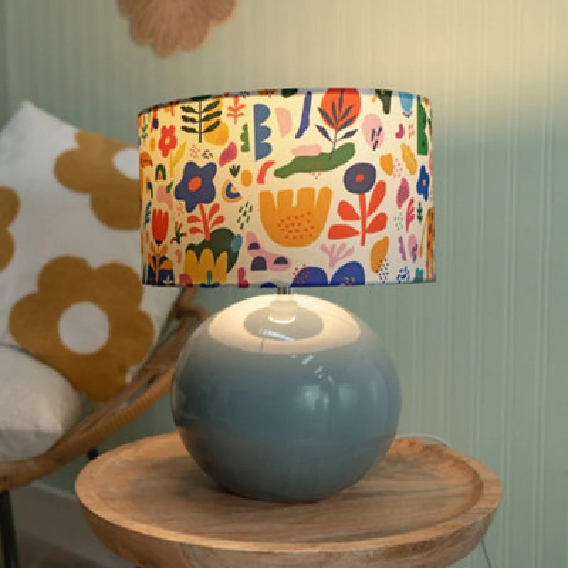 Image of ValueLights Bosco Eucalyptus Teal Globe Ceramic Table Lamp with Jungle Lamp Shade Multi
