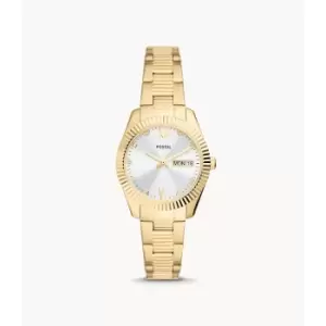 Image of Fossil Womens Scarlette Three-Hand Day-Date Gold-Tone Stainless Steel Watch - Gold