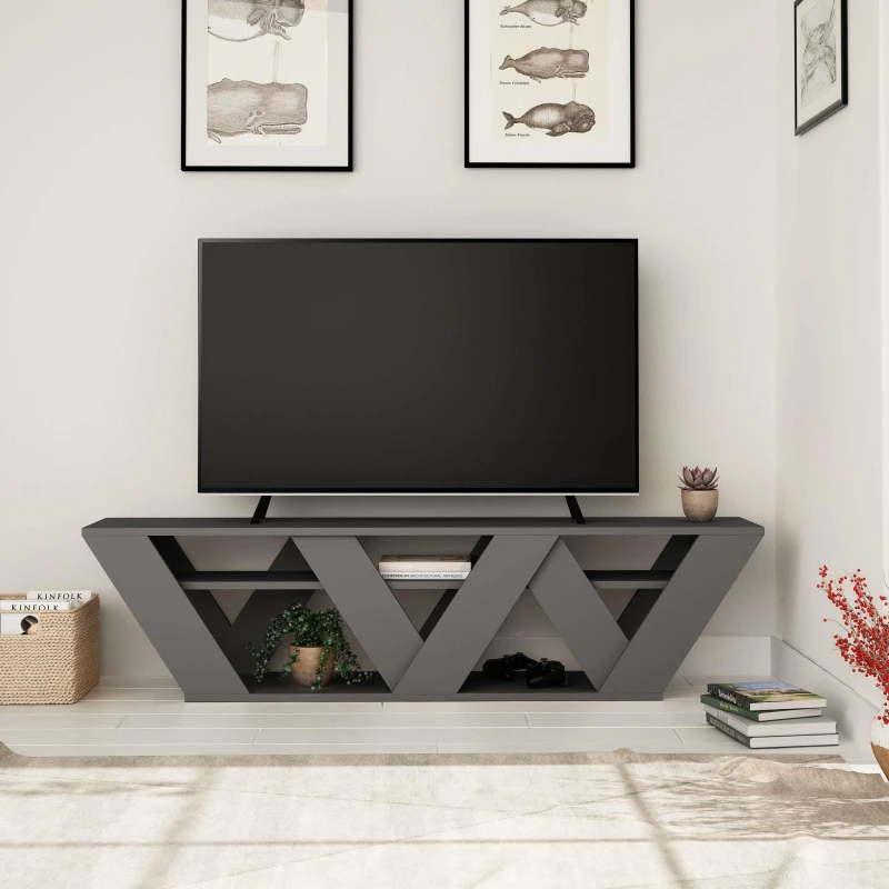 Image of DECORTIE Decortie - Ralla Modern tv Stand Multimedia Centre tv Unit Anthracite Grey With Shelves 158cm - Anthracite Grey M.TV.16955.3
