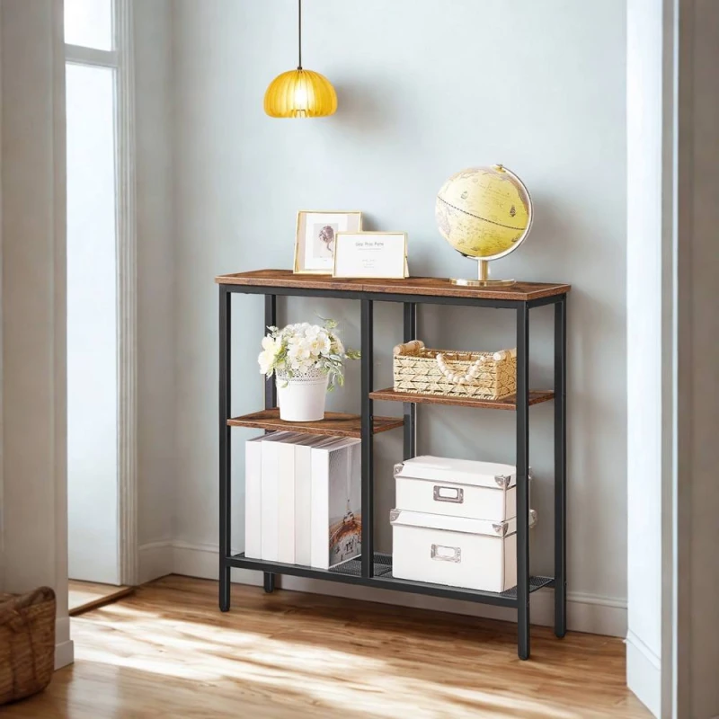 Image of FURNOS 4 Tier Slim Hallway Entryway Console Sofa Table With Storage Shelves in Brown Brown Unisex