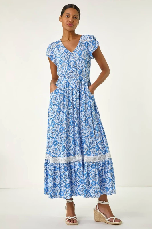 Image of Roman Womens Tile Print Shirred Waist Maxi Dress in Light Blue Size: 14 Light Blue Female 14