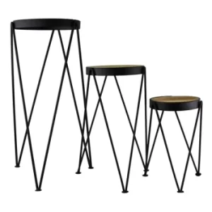 Image of Set of 3 Black Metal and Wood Effect Plant Stands