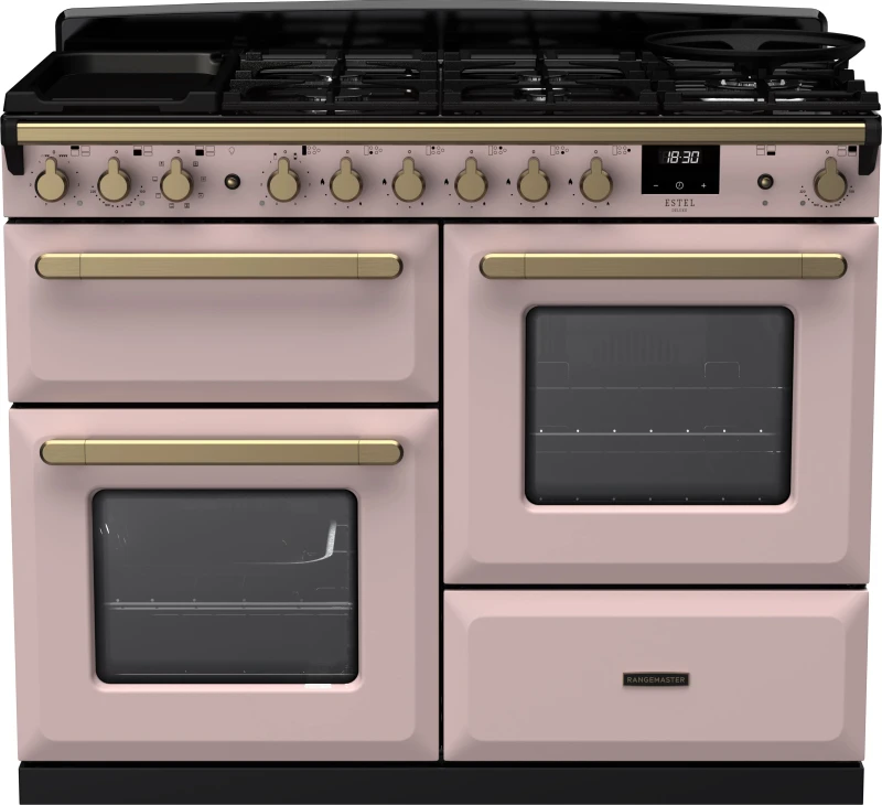 Image of Rangemaster Estel Deluxe ESDLO110DFPPPK/AB1 110cm wide Dual Fuel Range Cooker with Gas Hob - Pale Pink / Antique Brass - A/A Rated