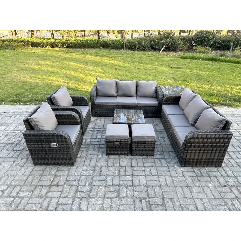 Image of Fimous High Back Rattan Garden Furniture Set with Square Coffee Table Side Table 2 Small Footstools Indoor Outdoor Patio Lounge Sofa Set Dark Grey