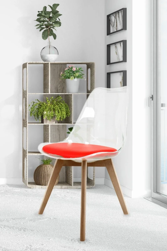Image of Fusion Living Soho Clear Plastic Dining Chair with Squared Light Wood Legs in Red Red Unisex