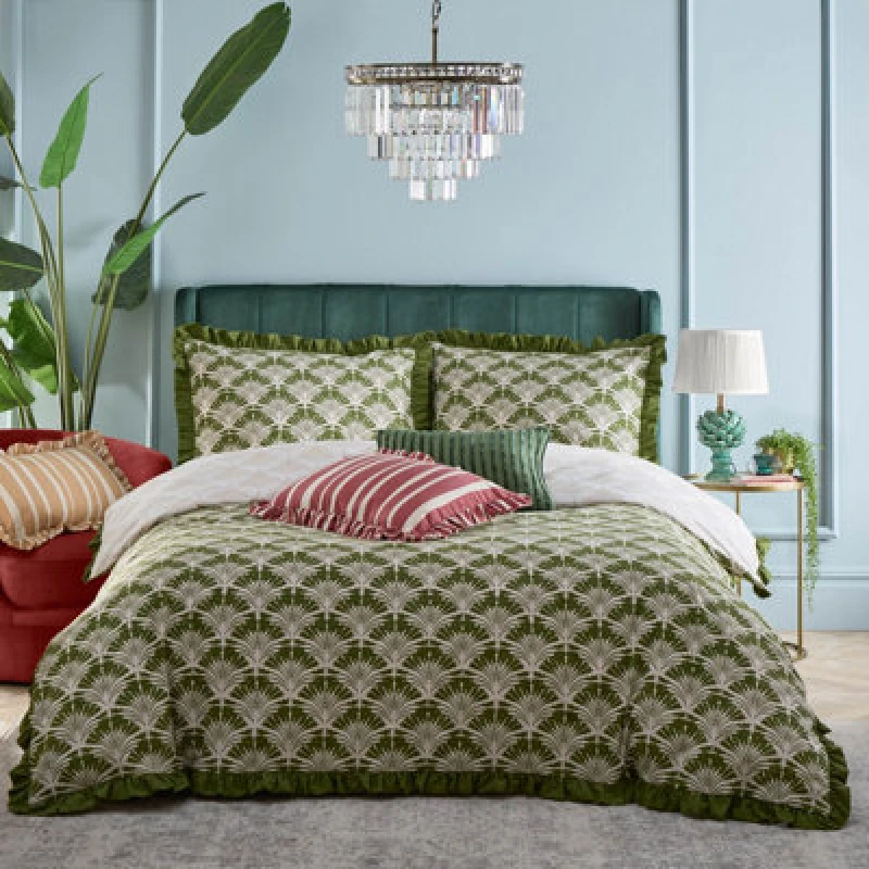 Image of Furn Furn Deco Palm Printed Ruffle Duvet Cover Set in Dark Green Size: King Dark Green King Unisex 5025532822222