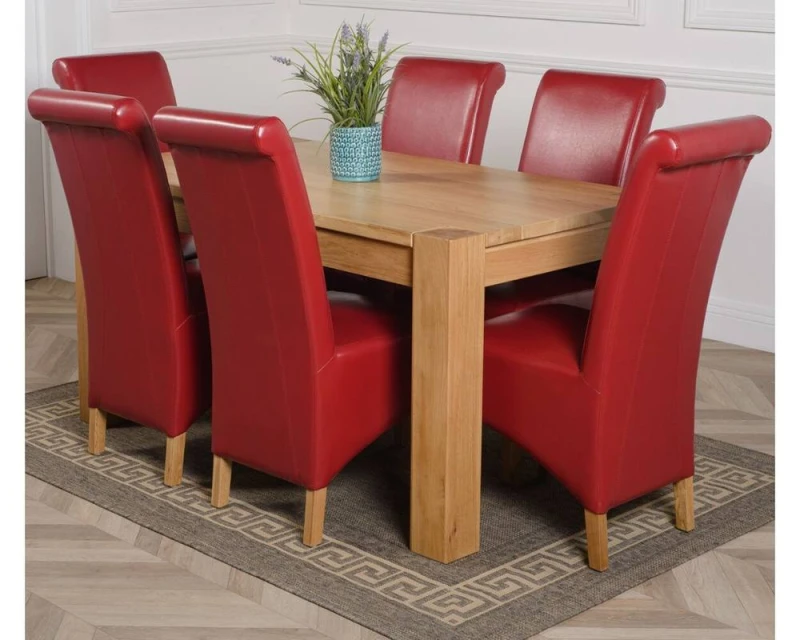 Image of Thats Furniture Kuba 150 x 85cm Chunky Medium Oak Dining Table & 6 Montana Leather Chairs in Red Size: 150 x 85cm Red Unisex 150 x 85 cm