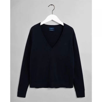 Image of Gant V-neck Cotton Knitted Sweater - 433 EVENING BLU