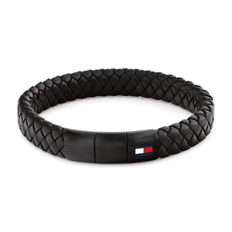 Image of Tommy Hilfiger 2790662 Black Braided Leather Bracelet - A9654