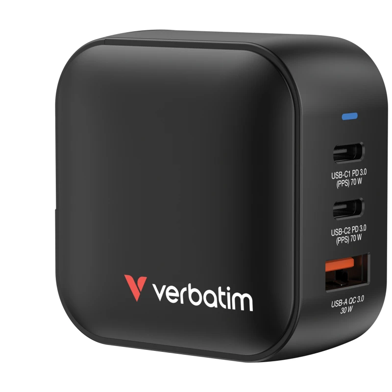 Image of Verbatim Verbatim Mini GaN Charger Travel charger 70 W 1x USB-A, 2x USB-C Power Delivery 3.0, QC 3.0, QC 4+ Black Quick charger, GaN, incl. Europe ad