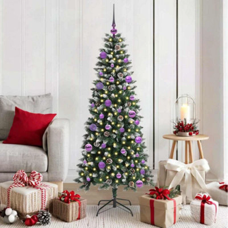 Image of vidaXL Artificial Christmas Tree with 150 LEDs, Lilac Balls Green 66 x 66 x 150 cm, Green 3395814