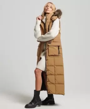 Image of Superdry Womens Hooded Faux Fur Longline Puffer Gilet Brown / Sandstone - Size: 10
