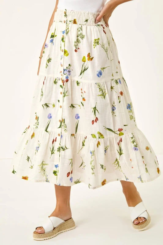 Image of Roman Womens Petite Floral Print Shirred Midi Skirt in White Size: 16 White Female 16