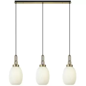 Image of Luminosa Yorktown Linear 3 Light Ceiling Pendant E27 With 20cm Almond Ribbed Glass, Opal Brass Gold, Matt Black