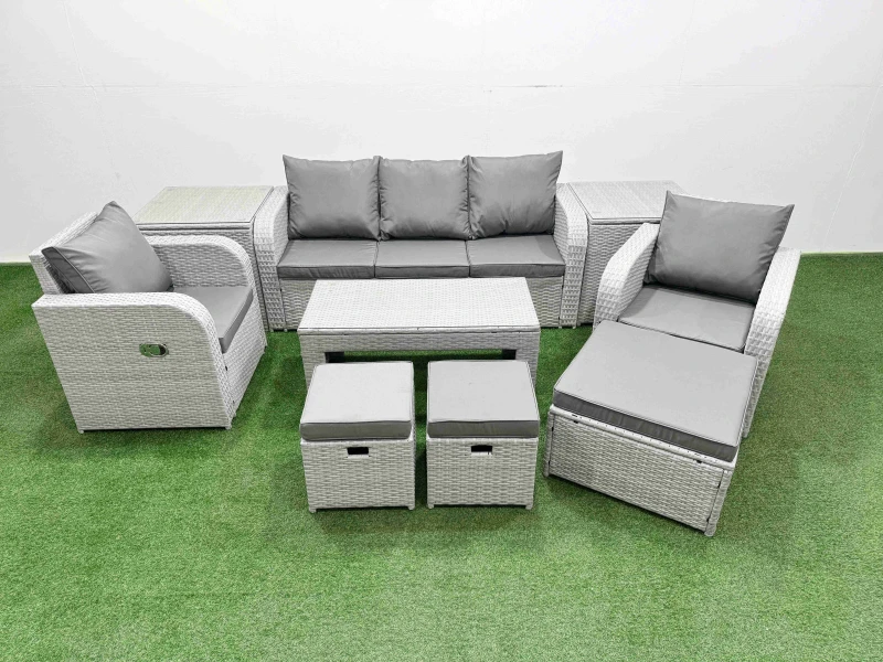 Image of Fimous PE Rattan Garden Furniture Set Reclining Chair Sofa Lounge Sofa Set Rectangular Coffee Table 2 Side Table 3 Stools Light Grey Light Grey