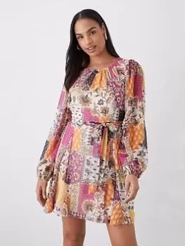 Image of Dorothy Perkins Patchwork Print Chiffon Mini Dress - Multi, Size 16, Women
