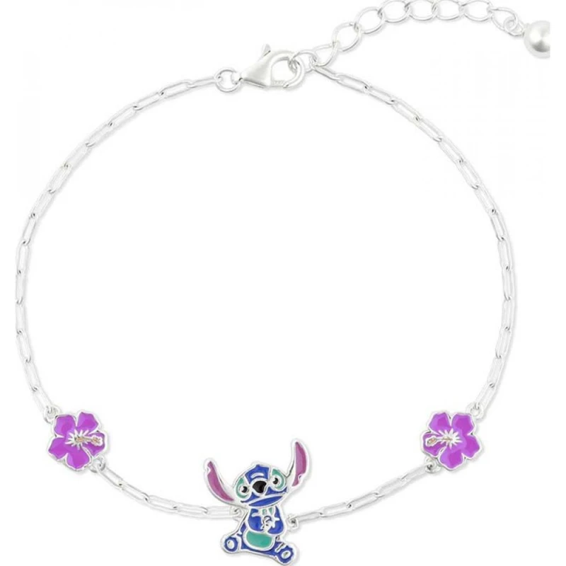 Image of Disney Sterling Silver Stitch and Pink Flower Charm Bracelet