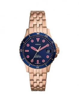 Image of Fossil Blue Date Dial Rose Gold Stainless Steel Bracelet Women Watch