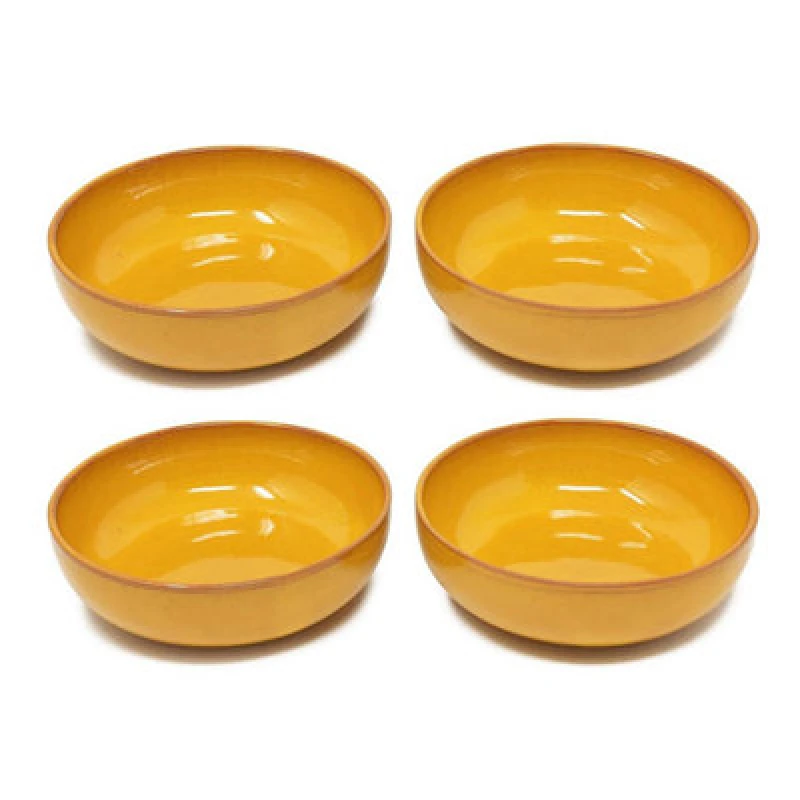 Image of Verano Spanish Ceramics Selena Glazed Hand Dipped Kitchen Dining Set Of 4 Shallow Bowls Orange (Diam) 14Cm