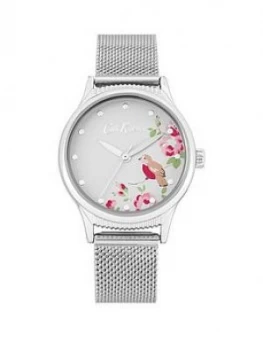 Image of Cath Kidston Cat Kidston Little Birds Print Silver Detail Dial Stainless Steel Mesh Strap Ladies Watch