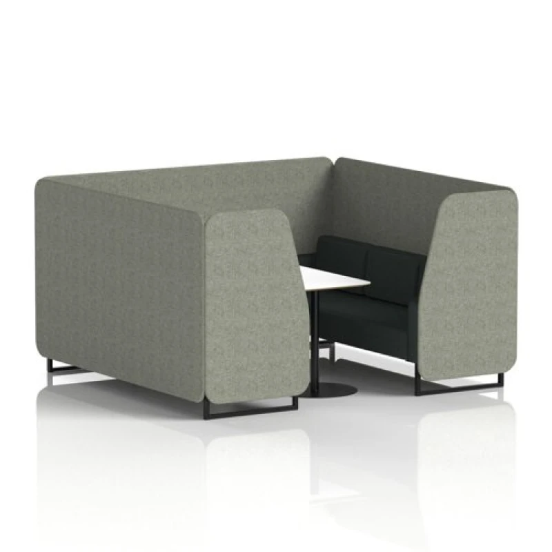 Image of Brixworth 6 Seater Office Booth with Front Panel - Black Legs and White Table with Black Leg in Rivet Fabric - Vitreous Panels and Charcoal Sofa