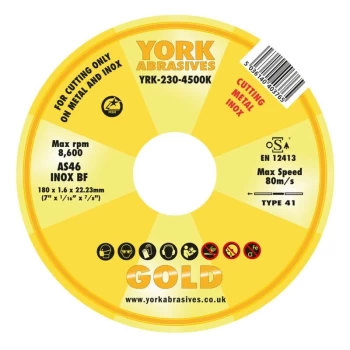 Image of York Abrasives Gold - 180 X 1.6 X 22MM A 60 S-BF Gold Inox Reinforced Cut-off Disc