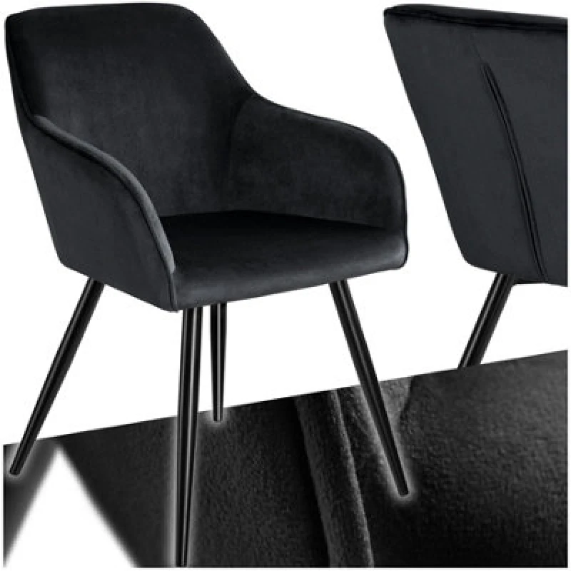 Image of Tectake 1 Dining Chair Marilyn - With Armrests, Padded, Velvet Look, Black Steel Legs - Black